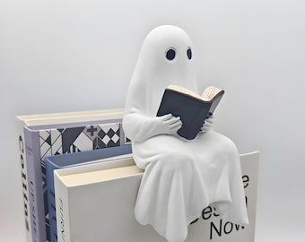Halloween Cute Reading Ghost Ornaments,Sitting Ghost Figurine Reading a Book,Gift for a Reader,Halloween Indoor Bookshelf Decoration