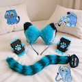 Derpy Tiger Cosplay Ear, Tail & Paw 3 Piece Set – Blue Black Faux Fur Striped Cat Tail, Kpop Demon Hunter Accessories, Anime Cosplay Kit
