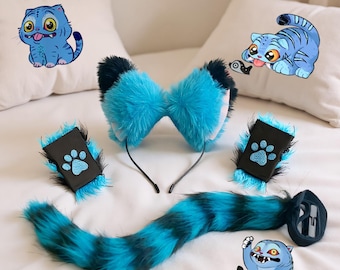 Derpy Tiger Cosplay Ear, Tail & Paw 3 Piece Set – Blue Black Faux Fur Striped Cat Tail, Kpop Demon Hunter Accessories, Anime Cosplay Kit