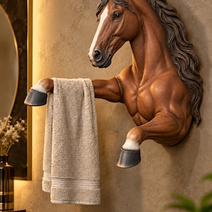 Può includere: Una scultura da parete raffigurante un cavallo marrone con testa dettagliata, criniera fluente e due zampe anteriori con zoccoli scuri. Il cavallo è posizionato in modo da reggere un asciugamano beige piegato drappeggiato su una zampa.
