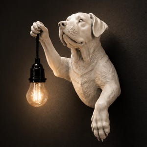 Peut inclure: Une applique murale représentant une sculpture de chien blanc. Le chien est représenté avec une patte levée, tenant une douille noire suspendue à un cordon qui maintient une ampoule à filament de style Edison allumée sur un mur sombre.