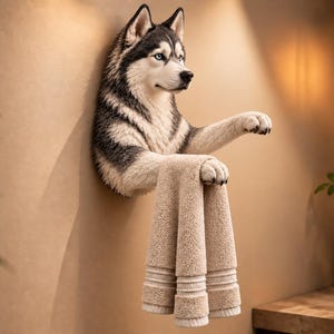 Può includere: Una scultura decorativa da parete raffigurante un cane Husky siberiano con pelo nero, bianco e grigio. La figura del cane è rappresentata con le zampe anteriori tese, che sorreggono un asciugamano beige piegato appeso verticalmente.