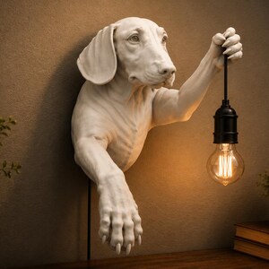 Può includere: Una scultura da parete raffigurante un cane bianco con orecchie pendenti, con una zampa sollevata che regge una lampada a sospensione nera con una lampadina a filamento in stile Edison. Il cane è ritratto dal petto in su, con espressione realistica.
