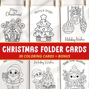 May include: A set of six black and white Christmas coloring cards hanging from wooden clothespins. The cards feature festive illustrations of a gingerbread house, Christmas tree, ornaments, Santa Claus, and a penguin. The text "CHRISTMAS FOLDER CARDS" is displayed.