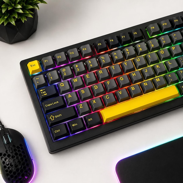 Set di 128 tasti in PBT, profilo Cherry nero e giallo, tasti per tastiera meccanica personalizzata con stampa a sublimazione, compatibile con switch MX, ideale per il gaming.