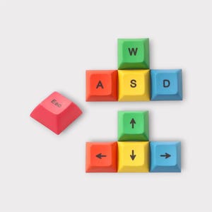 Può includere: Una collezione di tasti colorati per tastiera, tra cui tasti rossi, verdi, gialli e blu. I tasti sono disposti per comporre "WASD" e frecce direzionali, con un tasto "Esc" nelle vicinanze. I tasti presentano un design vivace e giocoso.