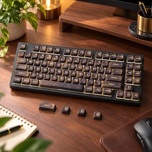 May include: A black mechanical keyboard featuring dark wood-grain keycaps with gold-colored lettering. The keyboard has a standard QWERTY layout with function keys and a numeric cluster. Four extra loose wood-grain keycaps are placed in front.