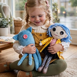 May include: A plush blue octopus toy with a single pink button eye and a plush doll with blue yarn hair, black button eyes, a yellow raincoat, a pink shirt, a black skirt, and black and white striped leggings, held by a young child.