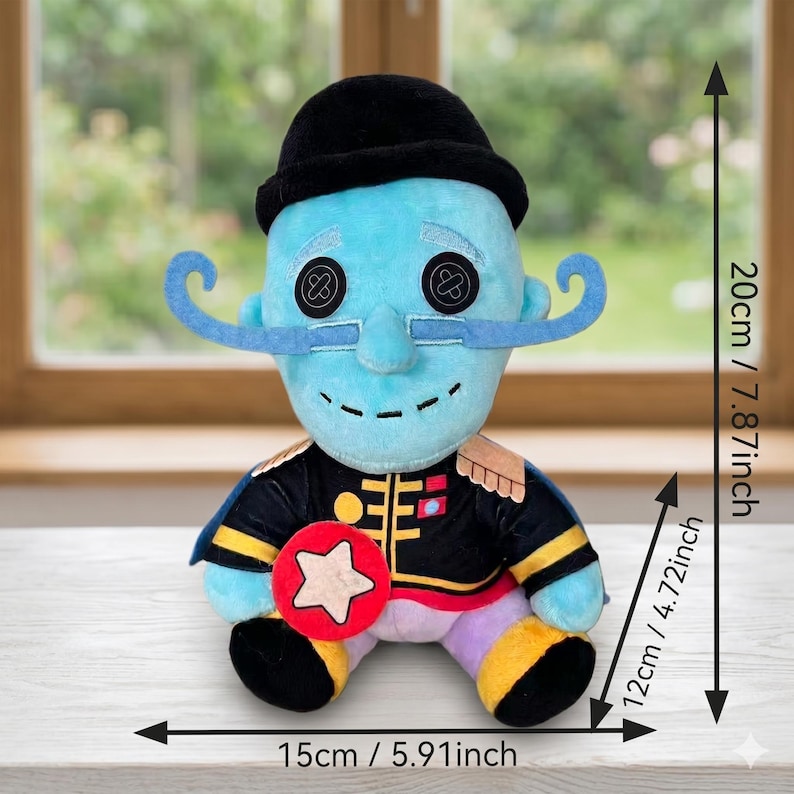 May include: A plush doll with light blue skin, a black hat, and button eyes. It features a long blue mustache, a black jacket with gold trim, and a red circular badge with a white star. Dimensions are 7.87 inches tall, 4.72 inches deep, and 5.91 inches wide.