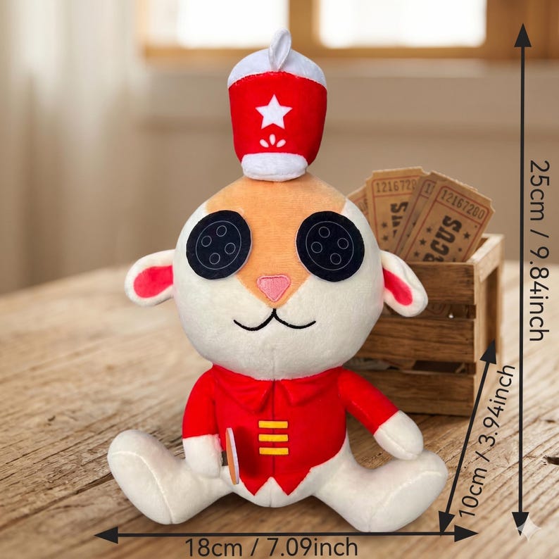 May include: A plush animal toy with button eyes, wearing a red jacket and a matching hat with a white star. It measures 25 cm or 9.84 inches in height, 18 cm or 7.09 inches in width, and 10 cm or 3.94 inches in depth, shown with circus tickets.