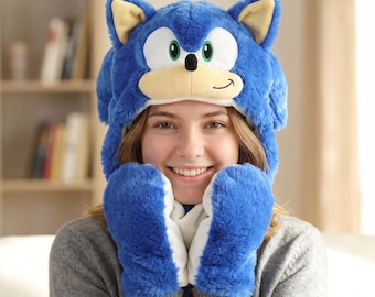 Sonic Plush Hat with Moving Ears,Jumping Ear Sonic Hedgehog Hat,Shadow Tails Animal Hat,Birthday Gift for Kids Adult,Winter Warm Earflap Cap