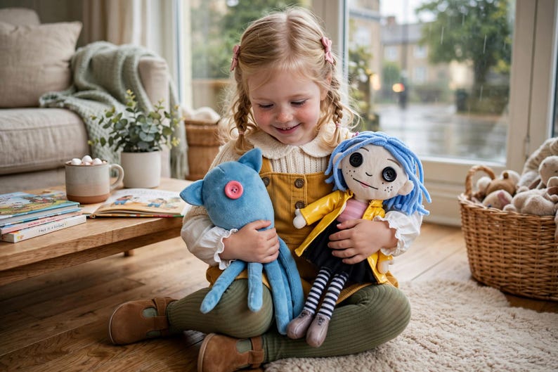 May include: A plush blue octopus toy with a single pink button eye and a plush doll with blue yarn hair, black button eyes, a yellow raincoat, a pink shirt, a black skirt, and black and white striped leggings, held by a young child.