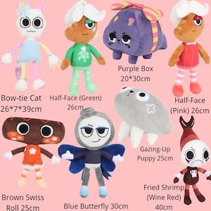 May include: A collection of eight plush toys including a Bow-tie Cat, Half-Face Green, Purple Box 20x30cm, Half-Face Pink 26cm, Brown Swiss Roll 25cm, Blue Butterfly 30cm, Gazing-Up Puppy 25cm, and Fried Shrimp Wine Red 40cm, all featuring cartoon faces.