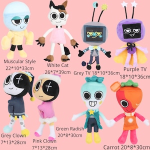 May include: A collection of eight plush toys featuring various characters including a blue muscular figure, a white cat, grey and purple TV-headed figures, grey and pink clowns, a green radish, and a carrot, with dimensions listed in centimeters.