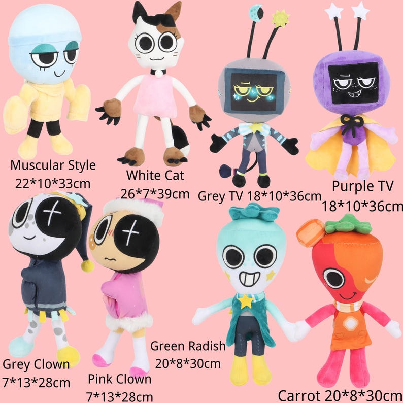 May include: A collection of eight plush toys featuring various characters including a blue muscular figure, a white cat, grey and purple TV-headed figures, grey and pink clowns, a green radish, and a carrot, with dimensions listed in centimeters.