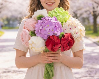 Bendable Plush Flowers,Flexible Stem Plush Bouquet,Fake Flower Tulip Rose Sunflower Hydrangea, Mother’s Day Graduation Birthday Gift for Her