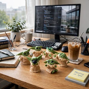 K&ouml;nnte beinhalten: Eine Sammlung von sechs kleinen gr&uuml;nen Figuren mit gro&szlig;en Ohren und beigen Roben, jede in einer anderen Pose, angeordnet auf einem Schreibtisch aus Holz. Eine Figur h&auml;lt eine silberne Kugel, eine andere eine schwarze, und eine hebt die H&auml;nde.