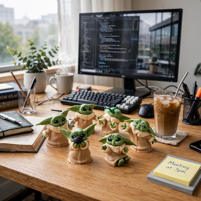 K&ouml;nnte beinhalten: Eine Sammlung von sechs kleinen gr&uuml;nen Figuren mit gro&szlig;en Ohren und beigen Roben, jede in einer anderen Pose, angeordnet auf einem Schreibtisch aus Holz. Eine Figur h&auml;lt eine silberne Kugel, eine andere eine schwarze, und eine hebt die H&auml;nde.