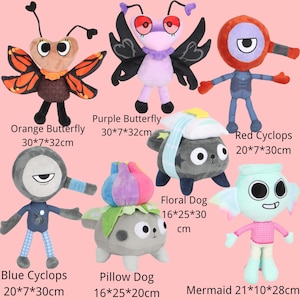 May include: A collection of six plush toys including an orange butterfly 30x7x32cm, purple butterfly 30x7x32cm, red cyclops 20x7x30cm, blue cyclops 20x7x30cm, floral dog 16x25x30cm, pillow dog 16x25x20cm, and a mermaid plush toy measuring 21x10x28cm.