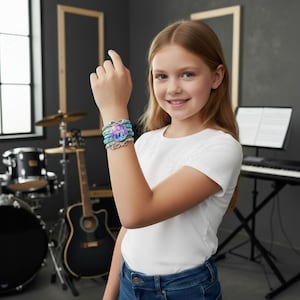 May include: A multi-strand bracelet with turquoise and silver accents. The bracelet features a central design with a purple and blue image, and the word "love" in silver. The bracelet is worn on a wrist.