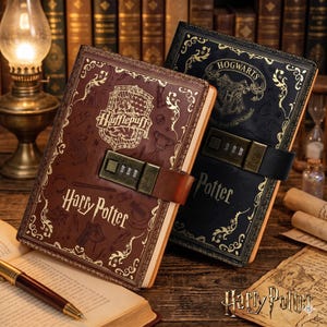 May include: Two rectangular journals with combination locks. One is brown with Hufflepuff branding and the other is black with Hogwarts branding. Both feature gold foil filigree, the Harry Potter logo, and various magical icons embossed on the covers.