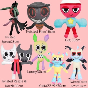 May include: A collection of seven plush toys featuring various characters: Twisted Sprout 28cm, Twisted Finn 16cm, Gigi 30cm, Twisted Razzle & Dazzle 30cm, Looey 30cm, Yatta 22x9x30cm, and Twisted Yatta 22x9x30cm, each with distinct colors and designs.