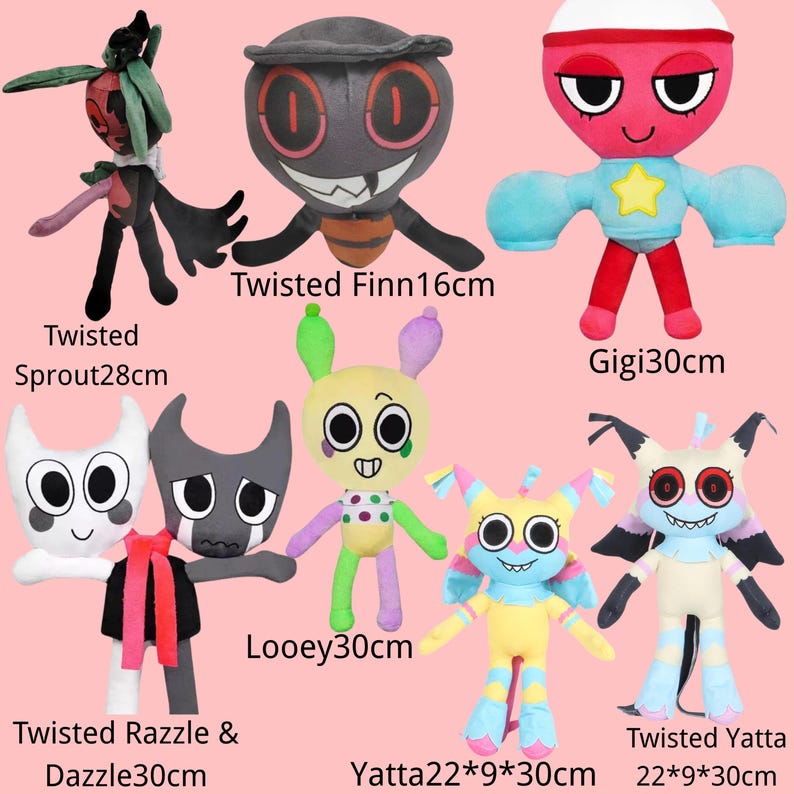 May include: A collection of seven plush toys featuring various characters: Twisted Sprout 28cm, Twisted Finn 16cm, Gigi 30cm, Twisted Razzle & Dazzle 30cm, Looey 30cm, Yatta 22x9x30cm, and Twisted Yatta 22x9x30cm, each with distinct colors and designs.