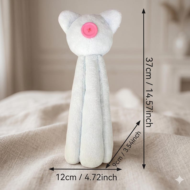 May include: A light blue plush cat toy with a pink button nose. The toy measures 14.57 inches in height, 4.72 inches in width, and 3.54 inches in depth. The cat has pointed ears and a long, segmented body structure made of soft fabric.