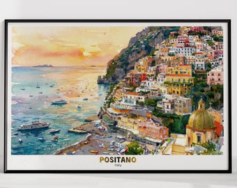 Positano Watercolor Wall Art Travel Poster: Amalfi Coast Italy Mediterranean Coastal Print & Digital Download