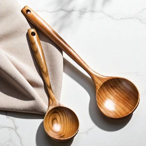 Wooden Soup Ladles – Long Handle Serving Spoons for Stew, Broth and Cooking | Natural Wooden Kitchen Utensils