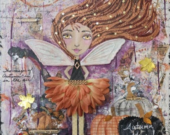 秋の妖精ミクストメディア絵画 | オリジナルの気まぐれな妖精アート