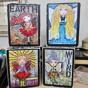 Art Blocks - Set - Colorful Fairy Art wood block signs, mixed media fairies, assorted, Earth, Wind, Fire, Water, art print on wood block