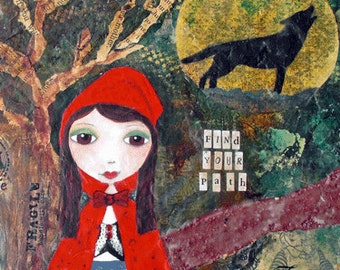 Red Riding Hood, ACEO, Mini Art Print, Collectible Art, Character Art, Children, Gift Card, Trading Card, Mixed Media Art Print, Art Card