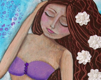 ALOHA, ACEO print, Mini Art Print, Collectible Art, Trading Card, Mixed Media Art Print, Soulful art, Brown Hair, Girl Art, Walking on Beach