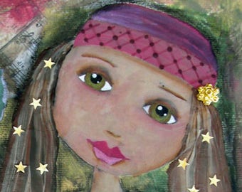 HOPE, ACEO, Mini Art Print, Bohemian, Girl, Gypsy, Free Spirit, Brown hair, Big Eyes, Positive, Trading Card, Mixed Media Print, Art Card