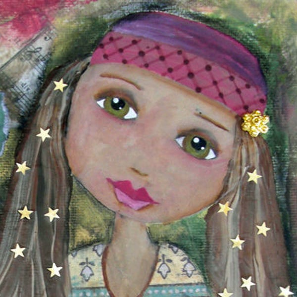 HOPE, ACEO, Mini Art Print, Bohemian, Girl, Gypsy, Free Spirit, Brown hair, Big Eyes, Positive, Trading Card, Mixed Media Print, Art Card