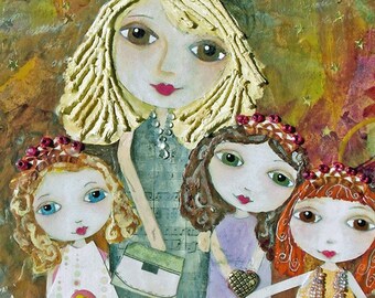 PRINCESS GIRLS, ACEO, Mini Art Print, Collectible Art, Mom and Daughter, Just Girls, Sisters, Trading Card, Mixed Media Art Print, Art Card