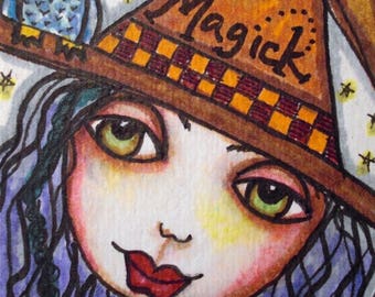 MAGICK, Little Witch, ACEO, Moon, Halloween, Mini Art Print, Doodle Art, Pen and Ink, Gift Card, Trading Card, Art Print, Alicia Hayes Art