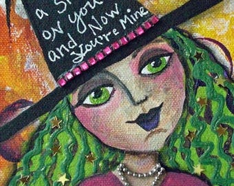 CAST a SPELL, Little Witch, ACEO, Mini Art Print, Halloween, Art, Green Hair, Gift Card, Trading Card, Mixed Media Print, Art Card