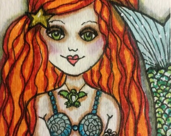 CHLOE, Mermaid Art Wall Decor, Soulful, Free Spirit Girl, ACEO print, Girl Art, Mini collectible Art, ACEO Girl Art, Red Hair Girl Mermaid