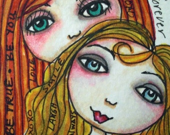 Always and Forever Art, Mom Daughter Art, Free Spirit Girl, ACEO print, Girl Art, Mini collectible Art, ACEO Girl Art, To the Moon and Back