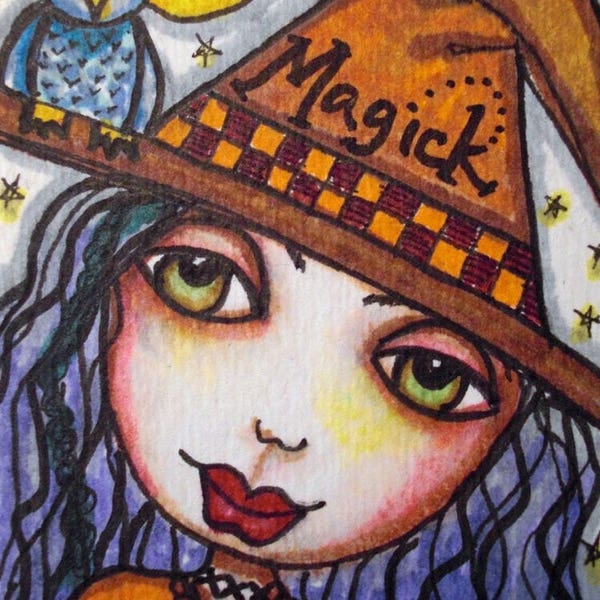 MAGICK, kleine Hexe, ACEO, Mond, Halloween, Mini Kunstdruck, Doodle Kunst, Stift und Tinte, Geschenkkarte, Trading-Karte, Kunstdruck, Alicia Hayes Kunst