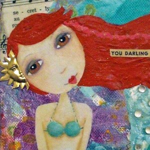 DARLING YOU, ACEO, Mermaid Art, Red Head, Beach Art, Fantasy Art, Romantic, Mini Art, Collectible Art, Mixed Media, Art Print, Art Card