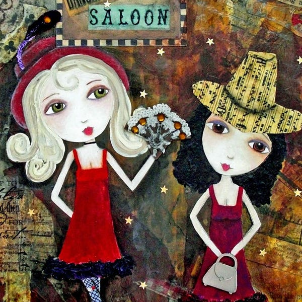 DANCING BABIES, ACEO, Wild West, Saloon Girl, Western, Cowboy Hat, Friend, Mini Art Print, Collectible Art, Mixed Media, Art Print, Art Card