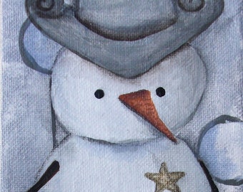 Cowboy - Attitude Snowman - 4x12 misto media originale pittura su tela avvolta da Alicia Hayes Art