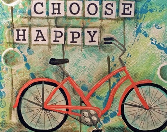 CHOOSE HAPPY, ACEO, Beach Bike, Beach Art, Bike, Positive, Happy, Art, Mini Art Print, Collectible Art, Mixed Media, Art Print, Art Card