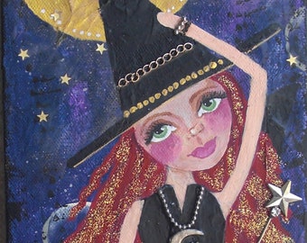 ZELDA Mixed Media Original Art, Halloween Decor, Original Painting, witchy, cute witch, whimsical art, artist Alicia Hayes