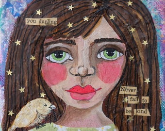 Felicity - Strong Woman, Soulful Girl, unique art, Big Eyes, mixed media art, original painting by Alicia Hayes