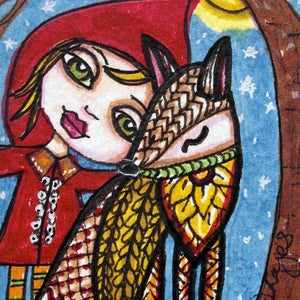 Beste vrienden - ACEO-print, rode kap, bos, wolf, personage, vrienden, dier, illustratie, pen en inkt, minikunst, kunstenaar Alicia Hayes