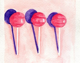 Three Lollipops 6x6 Original Watercolor Painting